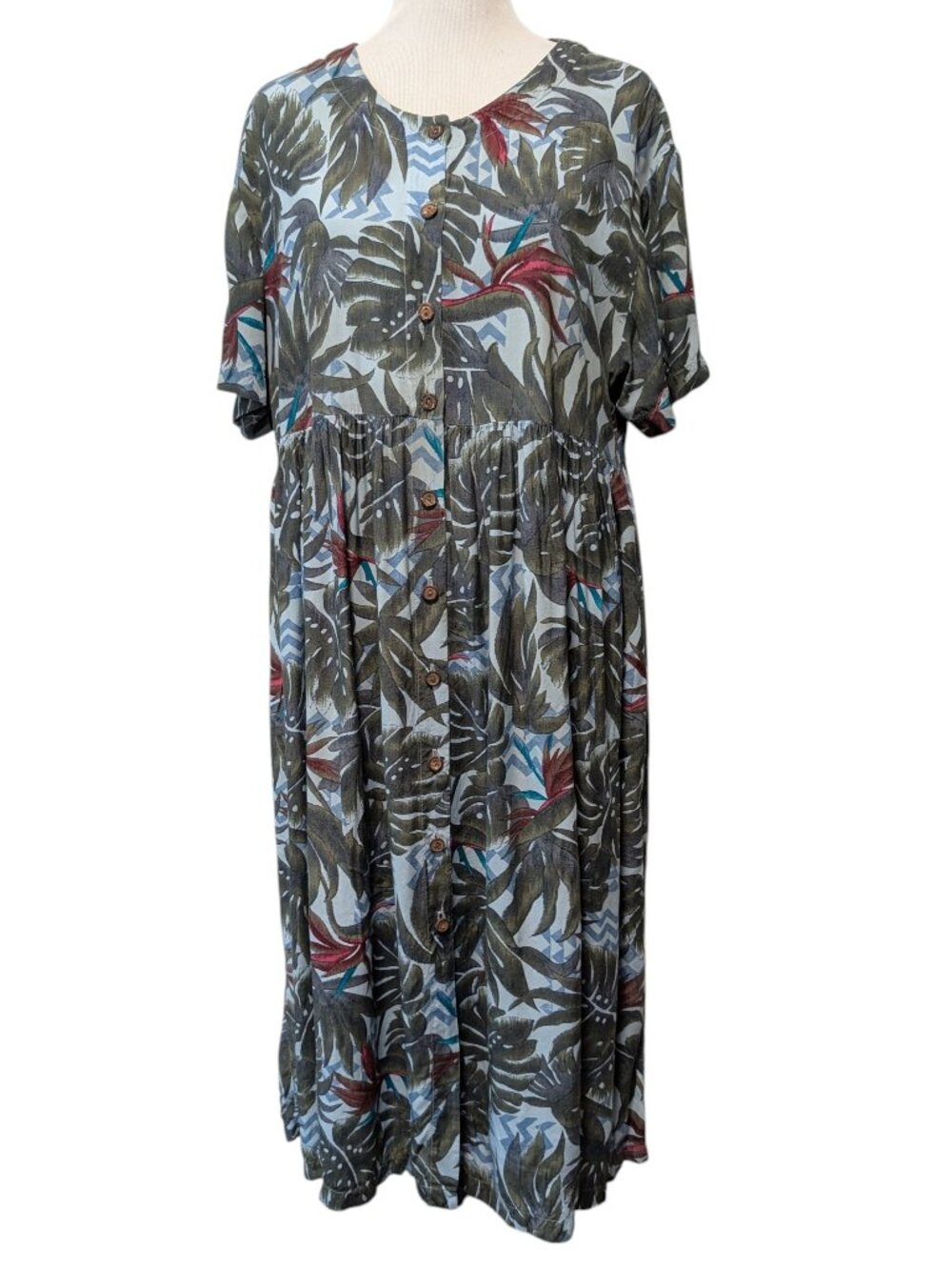 Vintage Hilo Hattie Womens Sz XL Tropical Drop Waist Button Front S/S Dress Flaw
